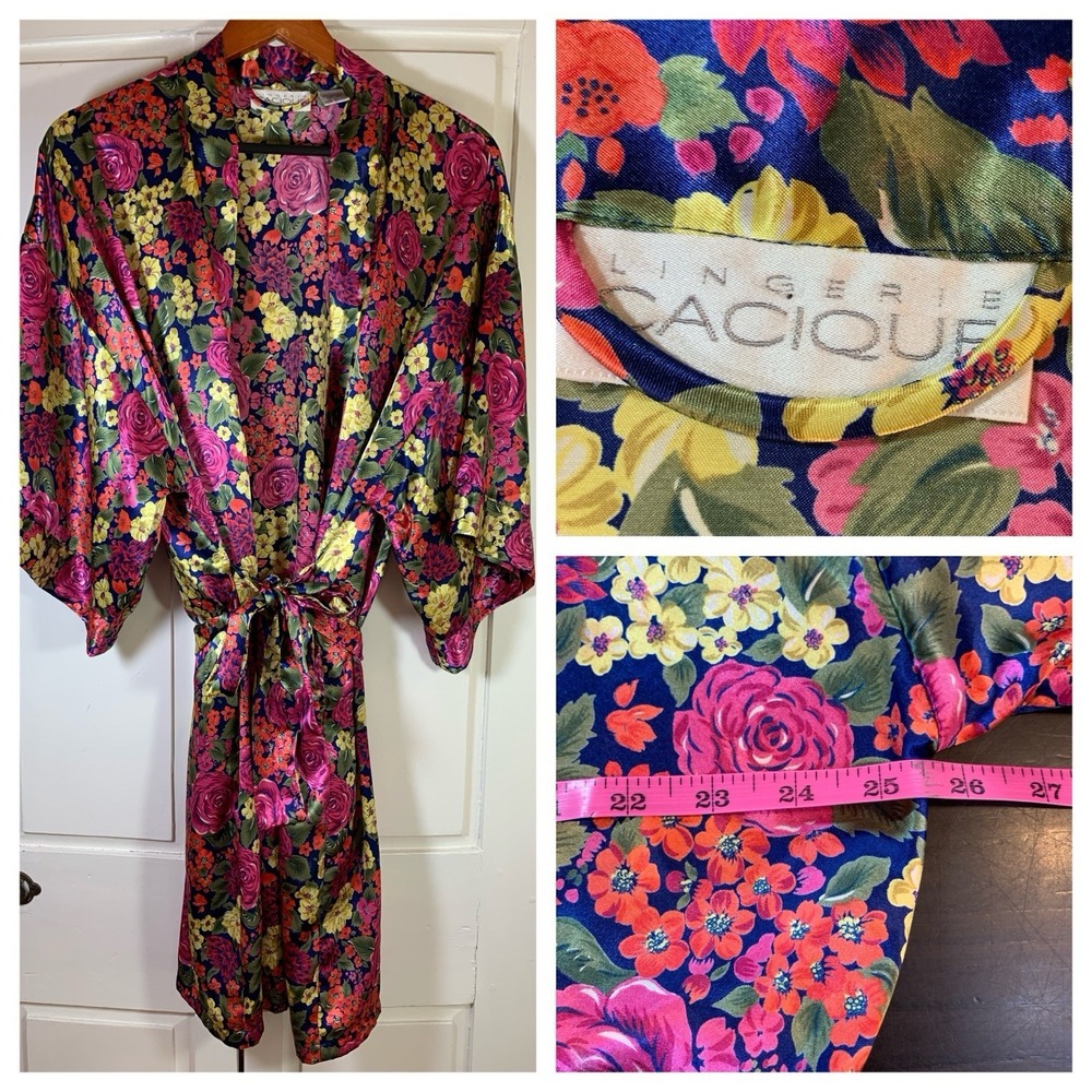 Vtg Cacique Floral Satin Robe Large Colorful Kimono Belt Knee Length Coquette